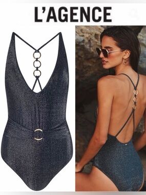 L'AGENCE Lisa Plunge One-Piece Swimsuit, 
Metallic Black Silver Rings S NWT $265